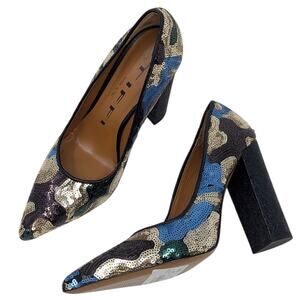 TIFFI Sequin Pointed Toe Block Heels Black Gold Blue Size 37
